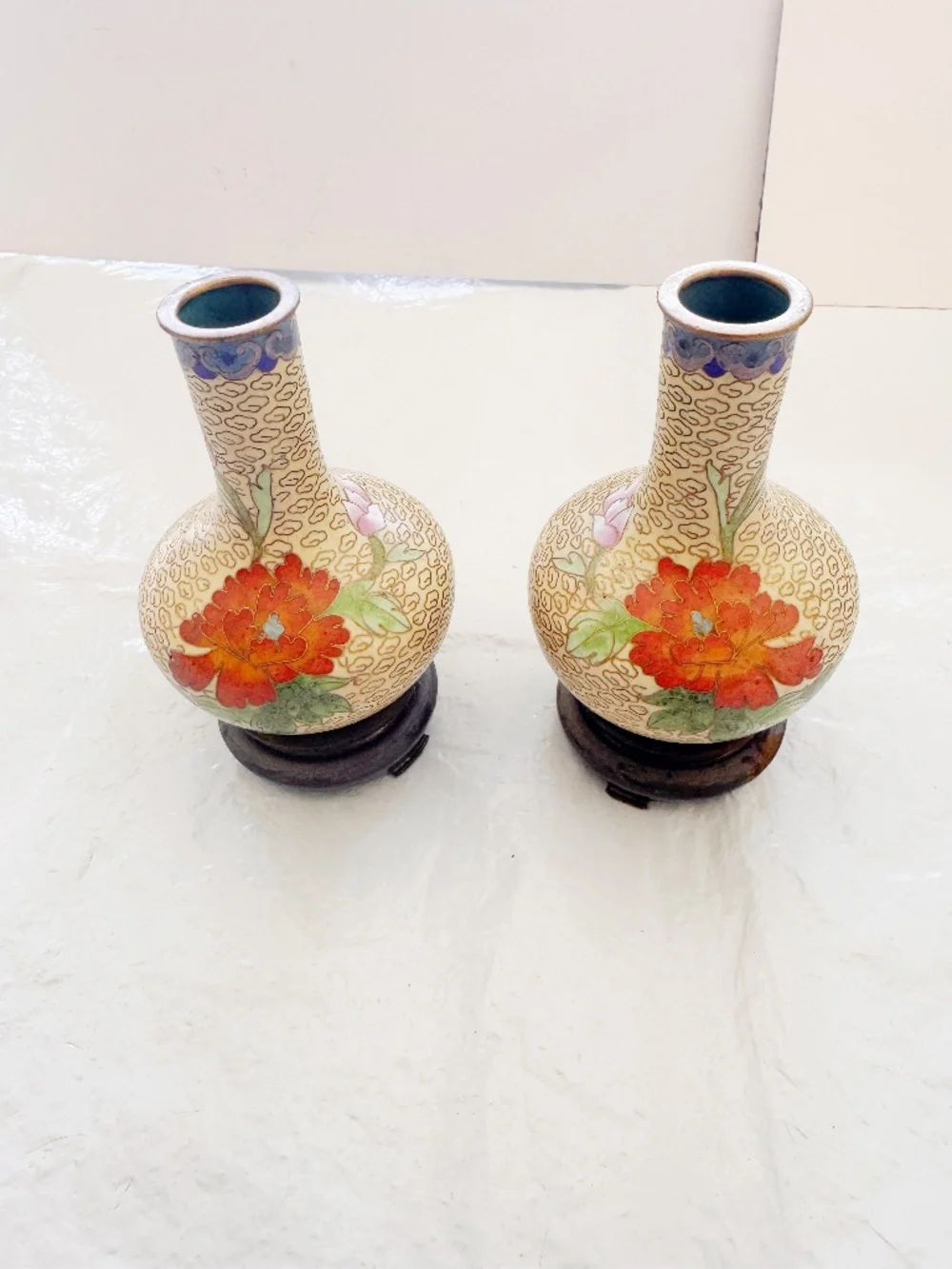 Vintage Pair Chinese Enamel Cloisonne Vases Yellow Floral Pattern & Stands 5